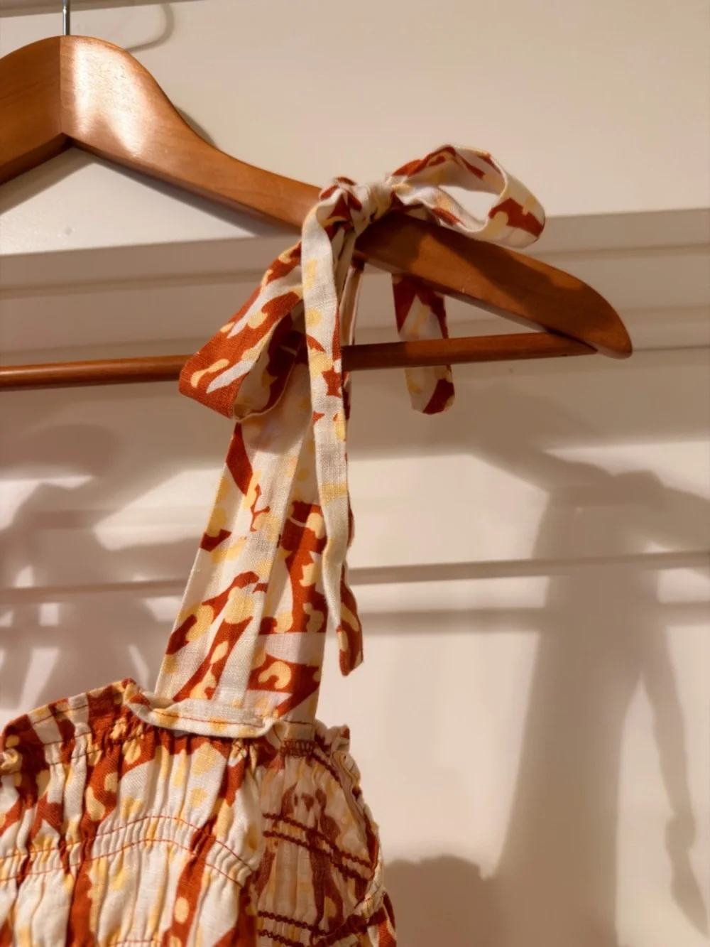 Linen White and Rust Tie-Shoulder Mini Dress - Picture 3 of 6